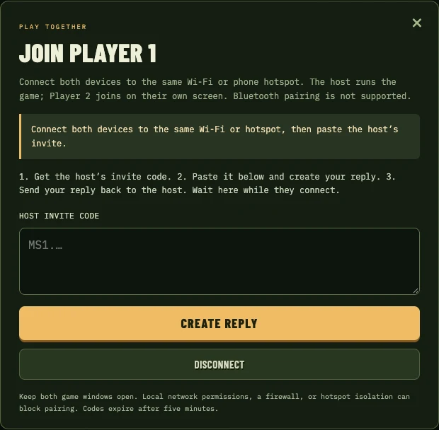 Join Player 1 dialog with an empty Host Invite Code field and Create Reply button.
