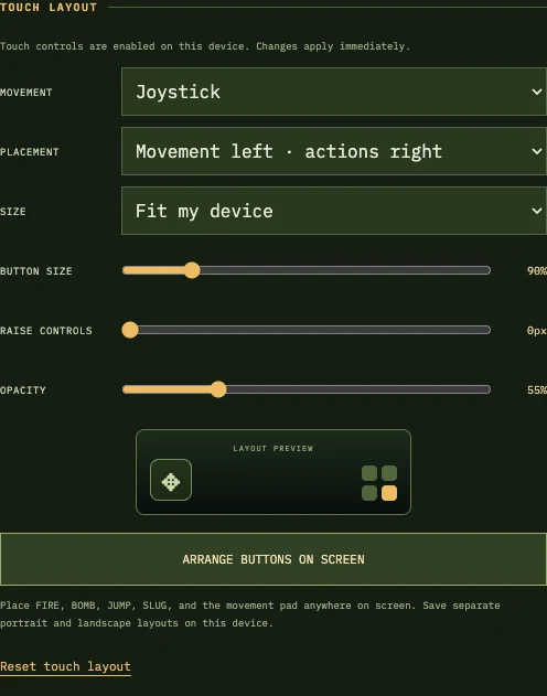 Touch Layout settings showing joystick movement, placement, button size, opacity and Arrange Buttons on Screen.